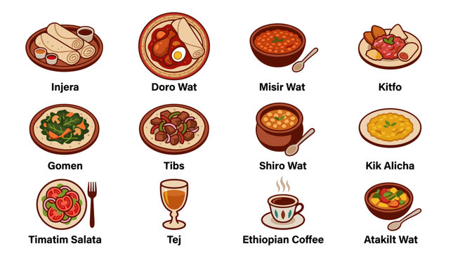 Pixel art icon set of various Ethiopian dishes including injera, shiro wot, and coffee, showcasing traditional cuisine and food culture