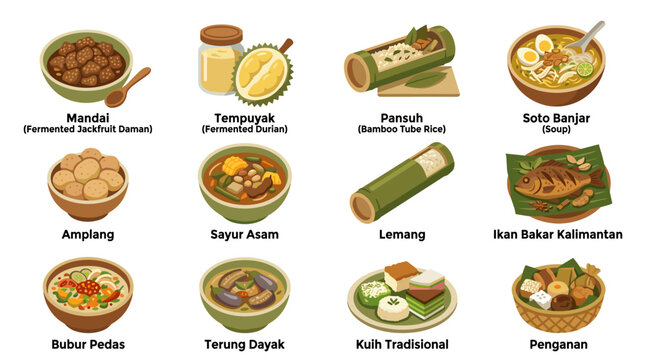 Pixel art collection of traditional Indonesian dishes, including Rendang, Tempoyak, Botok, Soto Banjar, Bakso, Sayur Asem, Lemang, Ikan Bakar, Bubur Pedas, Pempek, Sate, and Pempek kapal selam