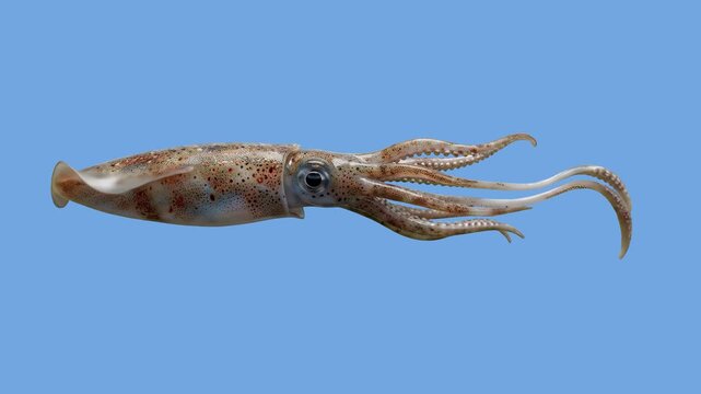 A detailed 3D animated squid swims forward rhythmically, moving its long tentacles against a solid light blue background. This clean marine life asset is perfectly optimized for underwater documentari