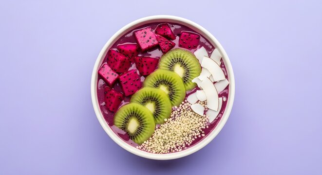 Healthy Pitaya Smoothie Bowl with Kiwi, Dragon Fruit, and Coconut Flakes on Purple Background - Top View