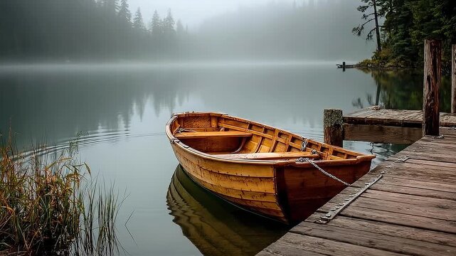 Wooden rowboat moored at misty lake dock