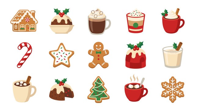 Set of pixel art christmas treats and desserts including gingerbread house, pudding, candy cane, eggnog, hot chocolate with marshmallows, and snowflake cookie
