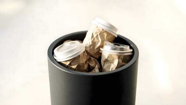 Coffee cups in a trash bin