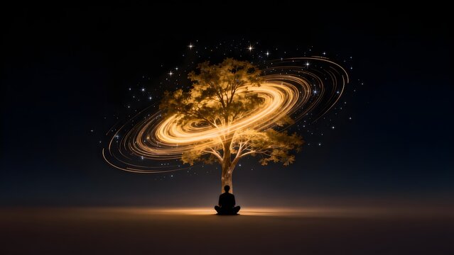 Person meditating under glowing tree