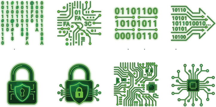 Digital Technology Icons: Binary Code, Circuitry, and Cyber Security