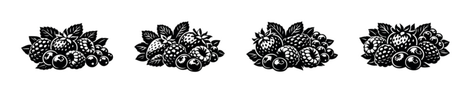 Assortment of fresh berries including strawberries, raspberries, and blueberries in a stylized illustration