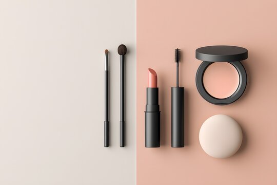 Minimalist flatlay of makeup cosmetics on a duo-tone split background. Professional eyeshadow palette, nude lipstick, and powder compact layout. Luxury beauty product set.