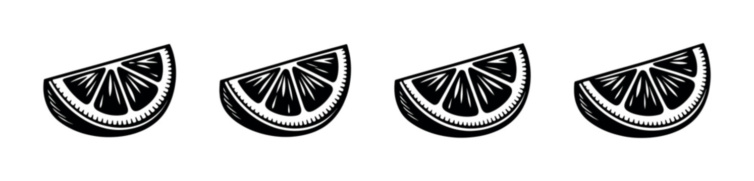 Four black and white slices of citrus fruit arranged in a row
