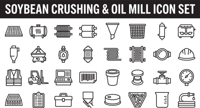 Soybean crushing and oil mill processing equipment icons set for industrial manufacturing and food production line vector