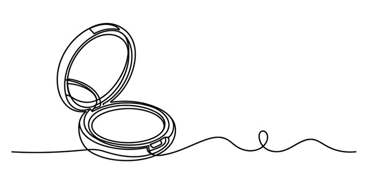 Continuous single line drawing of an open face powder compact case for makeup beauty routine isolated in a simple minimalist black outline style graphic Vector, illustration