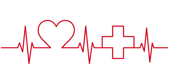 Red heartbeat line with heart and cross symbols on transparent background