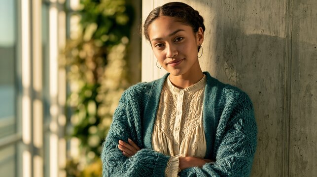 gen team lead young adult pacific islander woman relaxed in teal