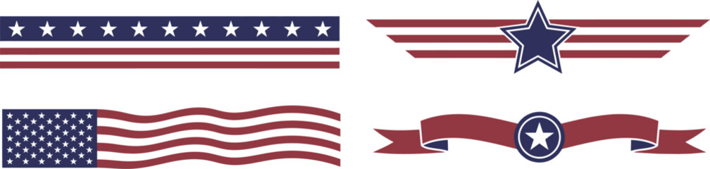 Obraz premium USA patriotic ribbon banner and border vector set with American flag stars stripes dividers and headers illustration