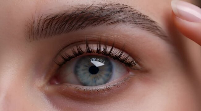 Close-up human eye opening and closing slowly with soft studio lighting and subtle finger touch