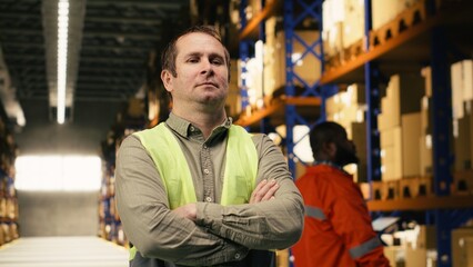 Obraz premium Portrait of adult employee in a logistics fulfillment center near shelves, male wearing safety vest and managing packages for order fulfillment, Global e-commerce shipping operations.