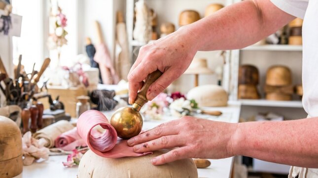 Milliner using a heated brass ball iron to carefully shape pink fabric for a custom hat
