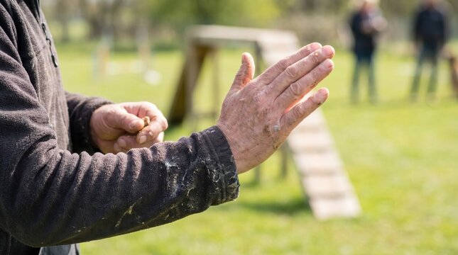 Dog trainer giving a flat palm hand signal for obedience training in an outdoor agility field