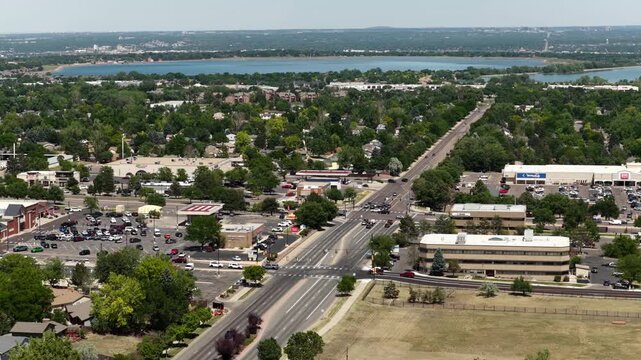 Aerial of suburban commercial area Marston Lake in Jefferson County Colorado in Littleton in summer time