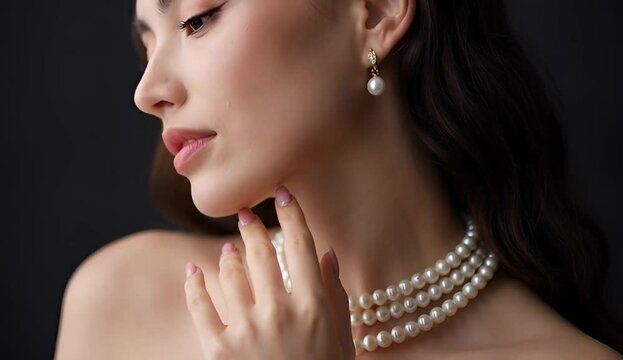 Elegant woman with pearl necklace and earrings turning head in studio lighting