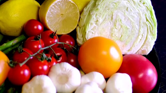 Colorful harvest vegetables with red and yellow cherry tomatoes asparagus cabbage and lemon on black plate