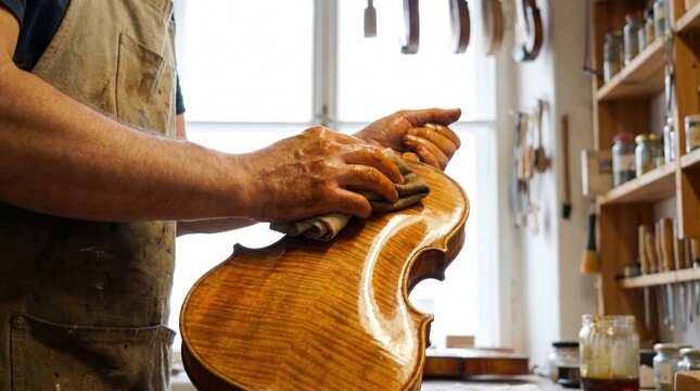 Luthier applying finish and polishing the beautifully varnished maple back of a violin with a cloth