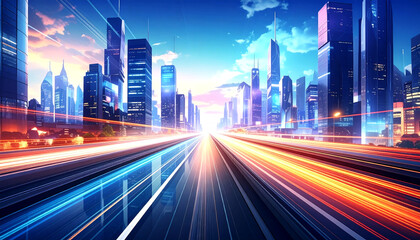 Naklejka premium Futuristic Cityscape With High Speed Light Trails And Vibrant Sunset Sky