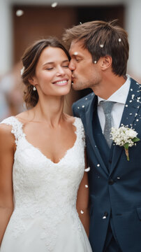 Caucasian young couple celebrating wedding day with joyful embrace and kiss