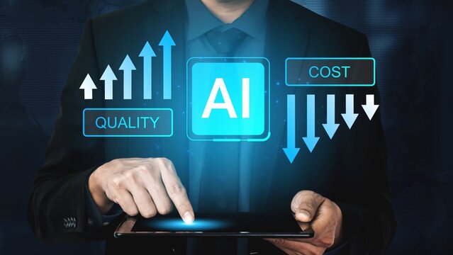 Businessman Using Tablet to Analyze AI Impact on Quality and Cost in Modern Industry for Optimal Decision Making and Strategic Planning Gluon.