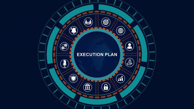 Futuristic execution plan Interface with Business Analytics, Data Visualization, Digital Control Panel, HUD Technology Animation,blue background with glowing icons for professional corporate, 4k video
