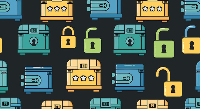 Seamless Pattern of Pixel Art Game Chests and Padlocks on Dark Background