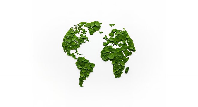 World map shape created with green leaves on a isolated white background