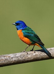 Obraz premium Colorful starling bird perches on branch. Bright blue head, green back contrast with vibrant orange chest, belly feathers. Avian creature displays stunning natural plumage against soft green