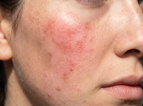 Rosacea erythema flare up showing flushed red cheek on face
