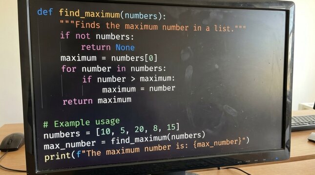Computer screen displays Python code for finding maximum number in a list