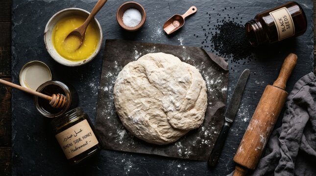 Raw bread dough with honey, black seeds, and salt on slate surface