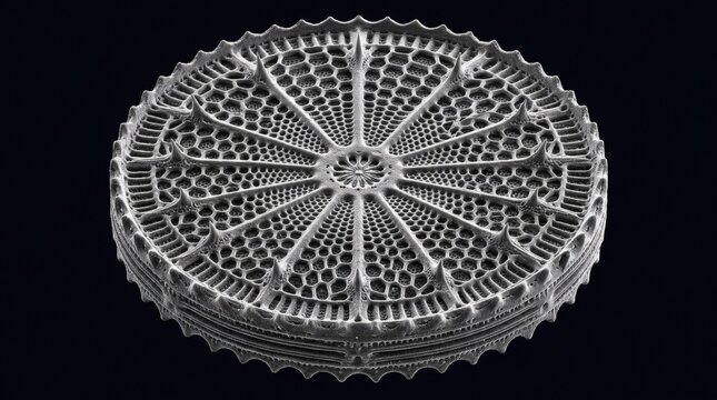 Intricate microscopic diatom frustule with geometric patterns and spikes