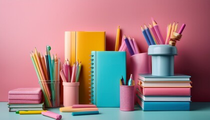 Fototapeta premium colorful stationery and books on pink background