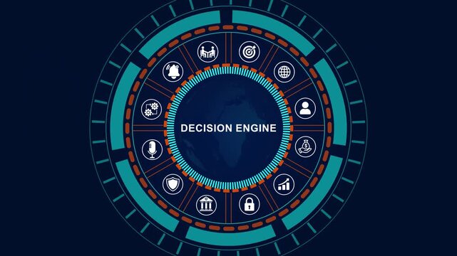 Futuristic decision engine Interface with Business Analytics, Data Visualization, Digital Control Panel, HUD Technology Animation on Blue Background with Glowing Icons, 4K