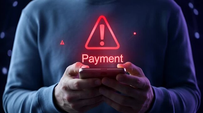 Man's hands holding smartphone with glowing payment alert symbol during digital transaction in dark