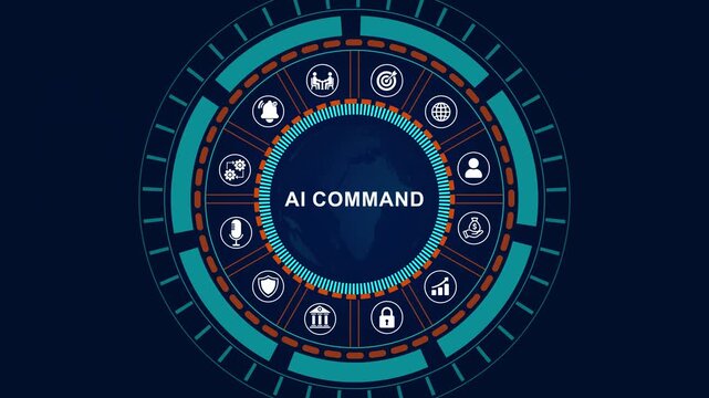Futuristic ai command Interface with Business Analytics, Data Visualization, Digital Control Panel, HUD Technology Animation on Blue Background with Glowing Icons, 4K