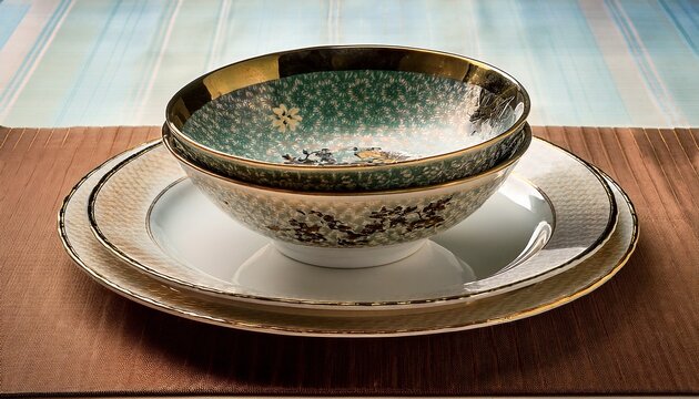 patterned china bowl stacked on plate on quilted placemat