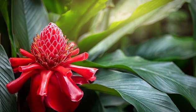 vibrant red ginger flower with green foliage in tropical garden