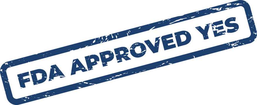 Rectangular rubber stamp impression with distressed texture featuring the text fda approved yes for product