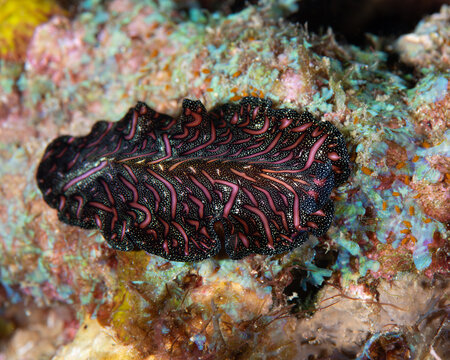 Persian Carpet Flatworm gliding over colorful coral reef in Anilao Philippines