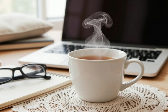 Hot steaming cup of tea sits on desk next to open laptop and glasses. Cozy work setup at home with notebook and warm beverage. Peaceful morning scene for remote work.