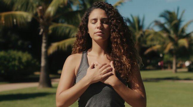 Young Hispanic woman meditates with closed eyes, hands on chest in park. She practices yoga breathing exercises feeling calm and grateful for mental balance amidst plants.