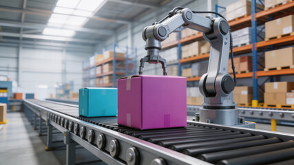 Fototapeta premium Robotic arm sorting boxes on conveyor in warehouse automation facility