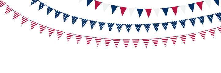 Obraz premium Curved American flag garland vector background with red white and blue pennants on white backdrop, patriotic party decoration with copy space for 4th of July banner