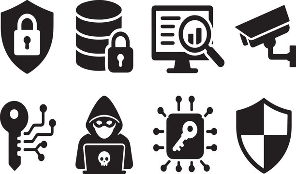 Comprehensive Cybersecurity Icon Set Featuring Hacker, Shield, Data Encryption, Secure Database, CCTV Camera, and Digital Key Vectors for Professional Network Protection and Web Security.