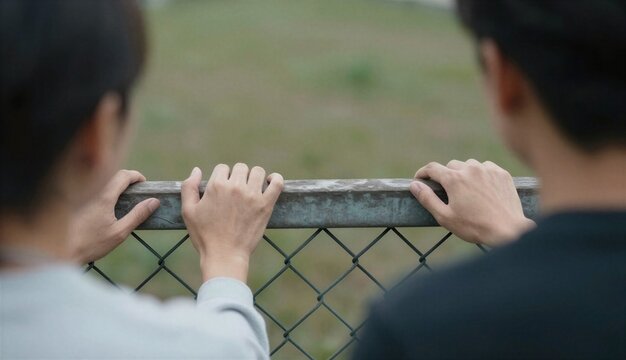  Two people standing side by side, holding onto a weathered metal fence rail, viewed from behind; a contemplative outdoor scene with a blurred green field in the background.